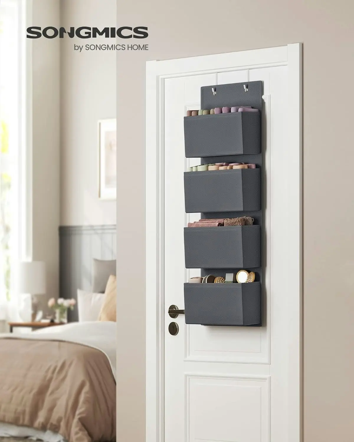 SONGMICS 4 Layers Over Door Wardrobe Storage Bag Shelf Hanging Closet Organiser - Gray