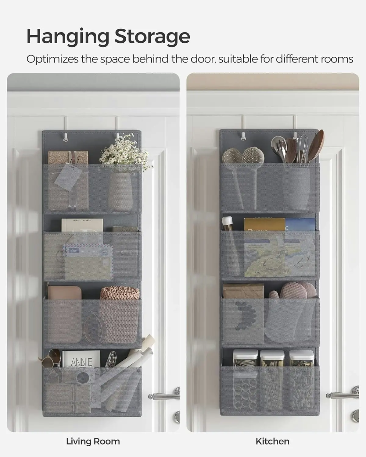 SONGMICS 4 Layers Over Door Wardrobe Storage Bag Shelf Hanging Closet Organiser - Gray