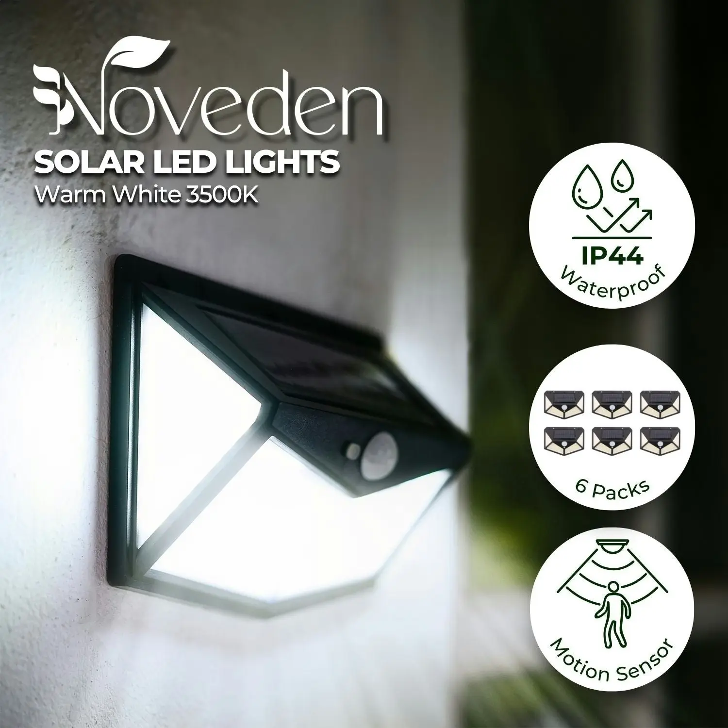 6pcs Noveden 3 Light Mode Weather Resistant Advanced Sensor Technology Flood Outdoor Solar LED Lights