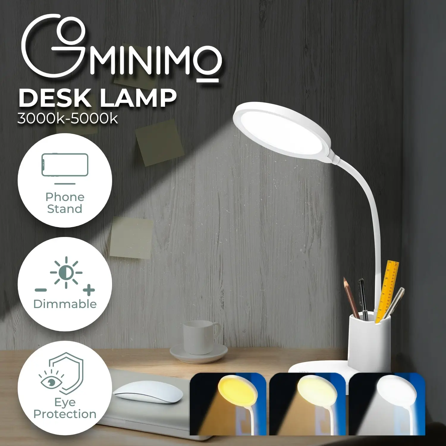 Gominimo LED Desk Lamp Bedside Study Reading Table Light Dimmable 3 Brightness