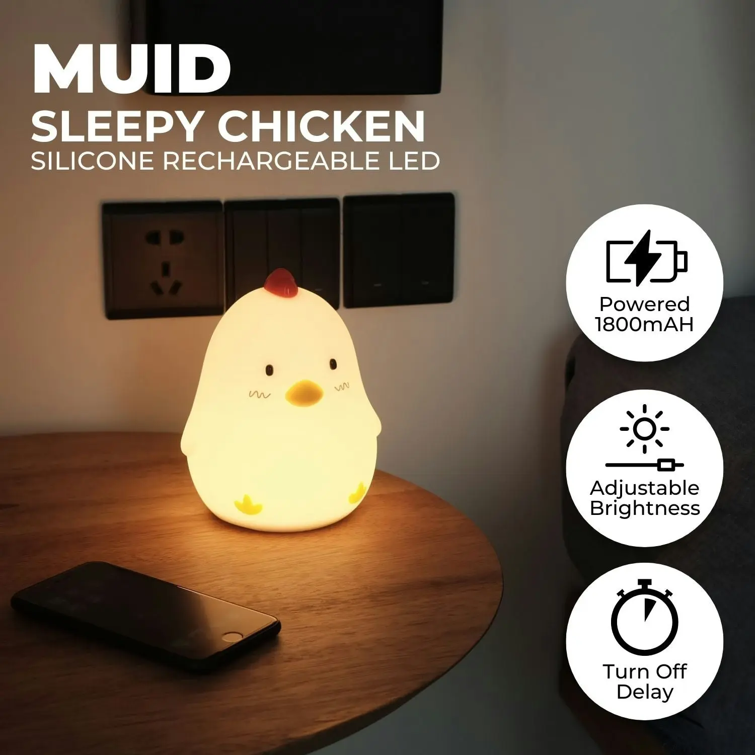 Muid Sleepy Chicken Silicone Rechargeable LED Night Lamp Function Only White