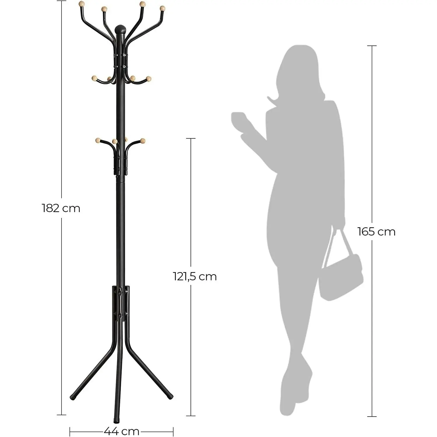 SONGMICS Clothes Hat Garment Stand Hall Tree Hanger Organiser Hook Metal Coat Rack - Black