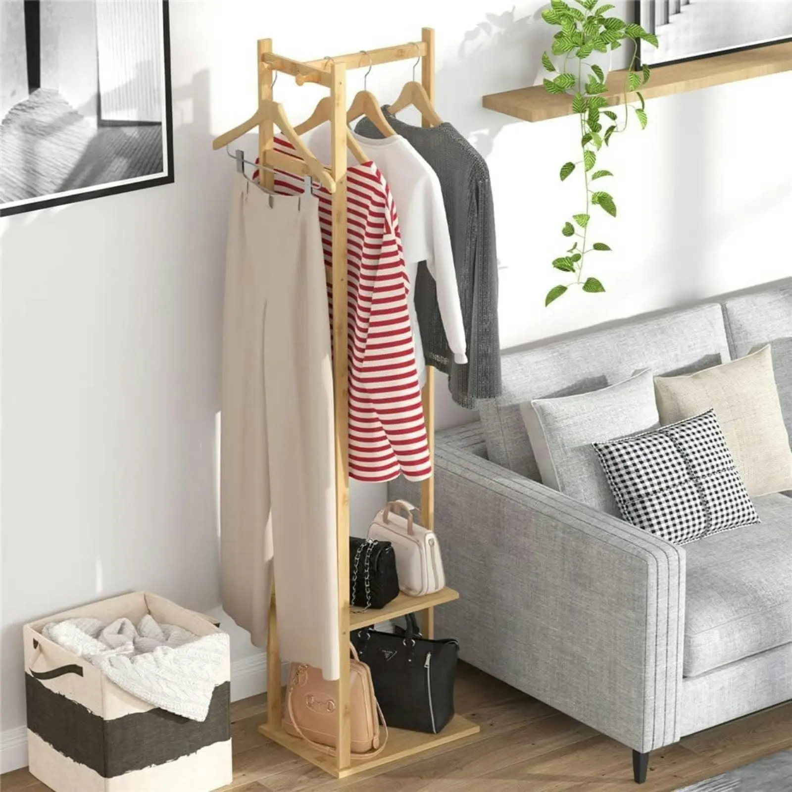 Ekkio Modern Style Sturdy Construction Bamboo Clothing Rack With 3 Hanger Hooks (Natural Wood)