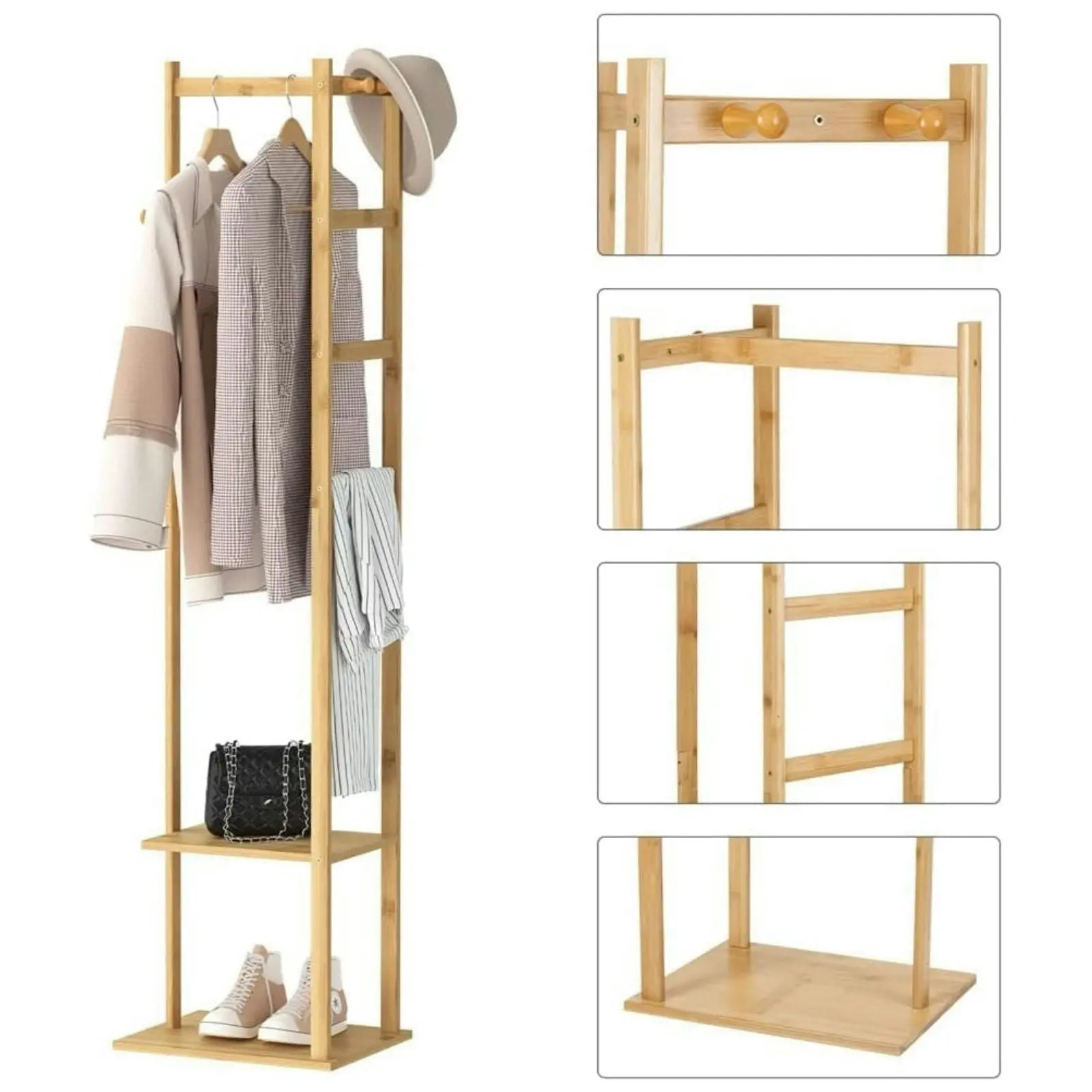 Ekkio Modern Style Sturdy Construction Bamboo Clothing Rack With 3 Hanger Hooks (Natural Wood)