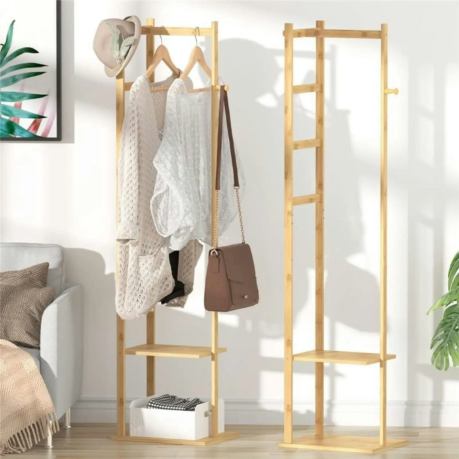 Ekkio Modern Style Sturdy Construction Bamboo Clothing Rack With 3 Hanger Hooks (Natural Wood)