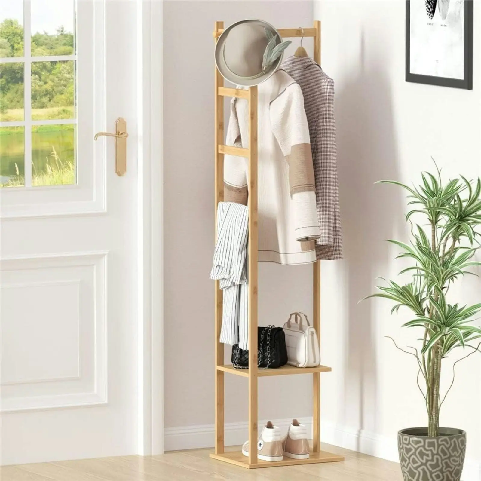 Ekkio Modern Style Sturdy Construction Bamboo Clothing Rack With 3 Hanger Hooks (Natural Wood)