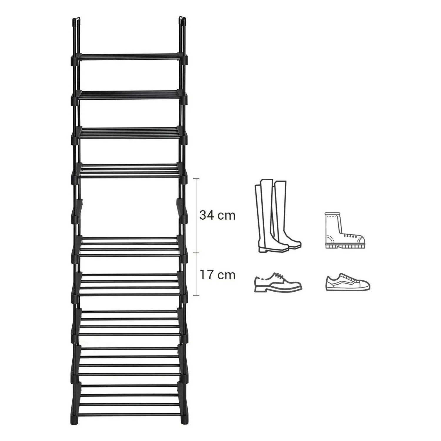 SONGMICS 10 Tier Customizable Shoes Organiser Metal Shoe Rack - Black