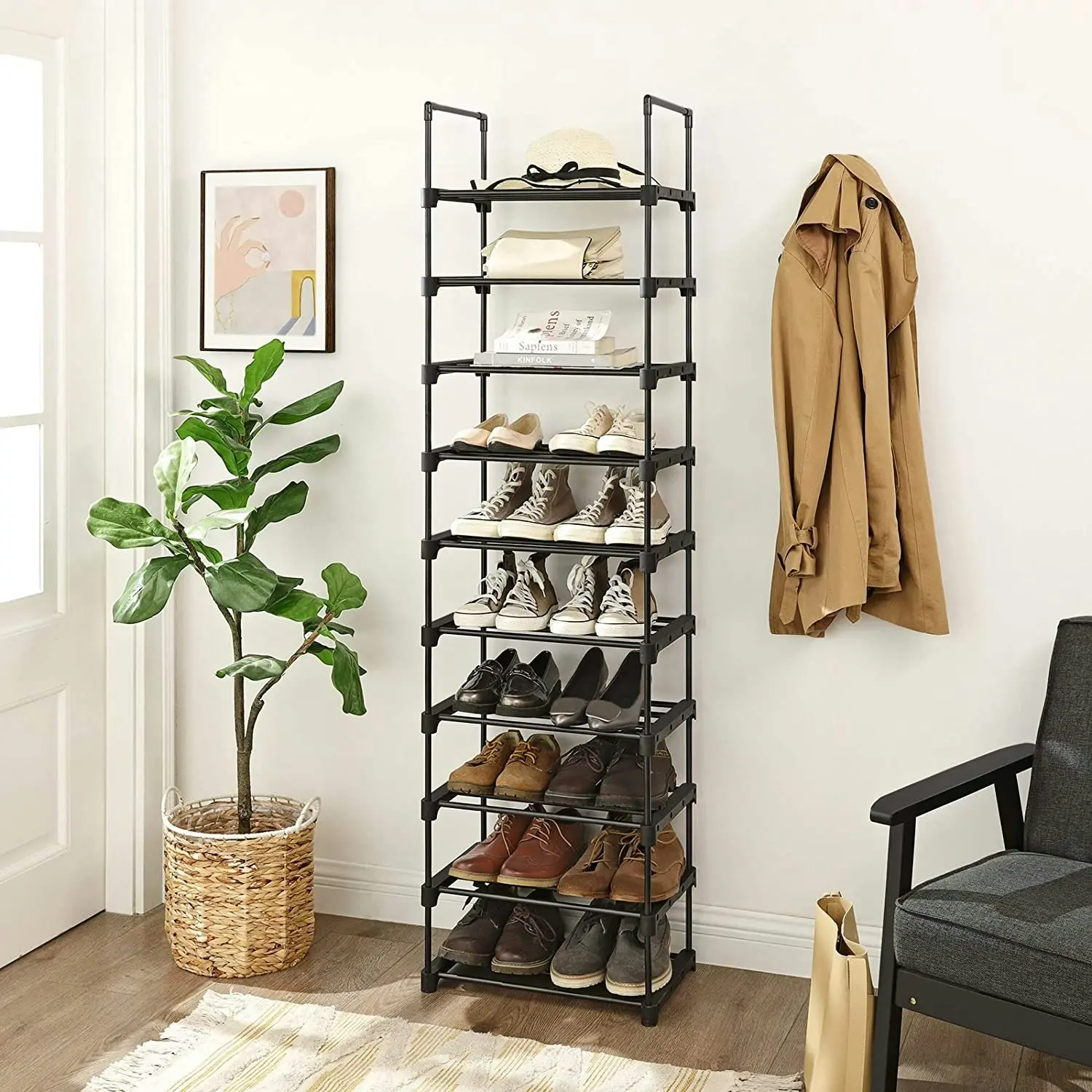 SONGMICS 10 Tier Customizable Shoes Organiser Metal Shoe Rack - Black