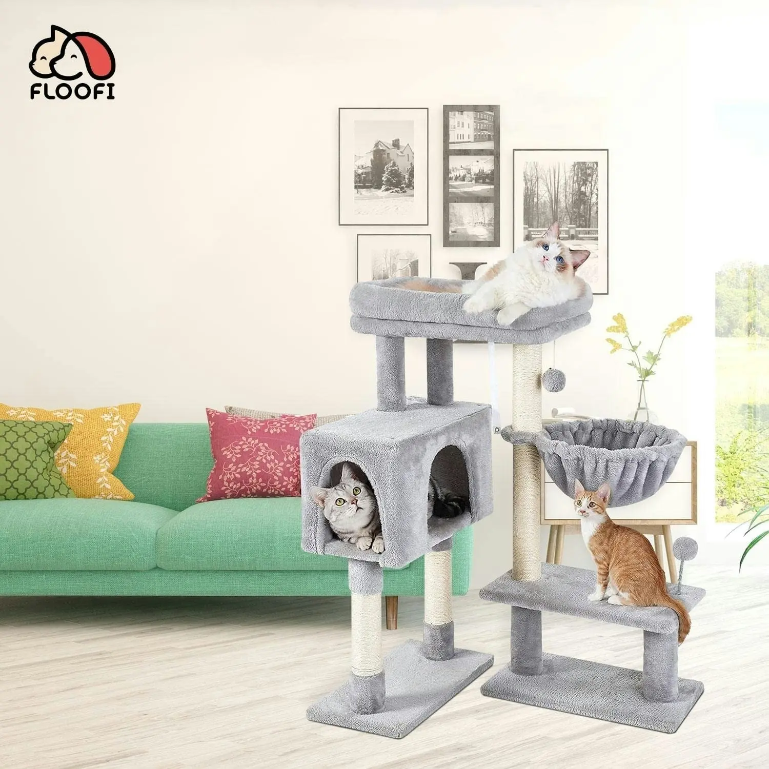 Floofi 97cm Adjustable Base Cat Tree Scratching Post Cat House Condo Light Grey