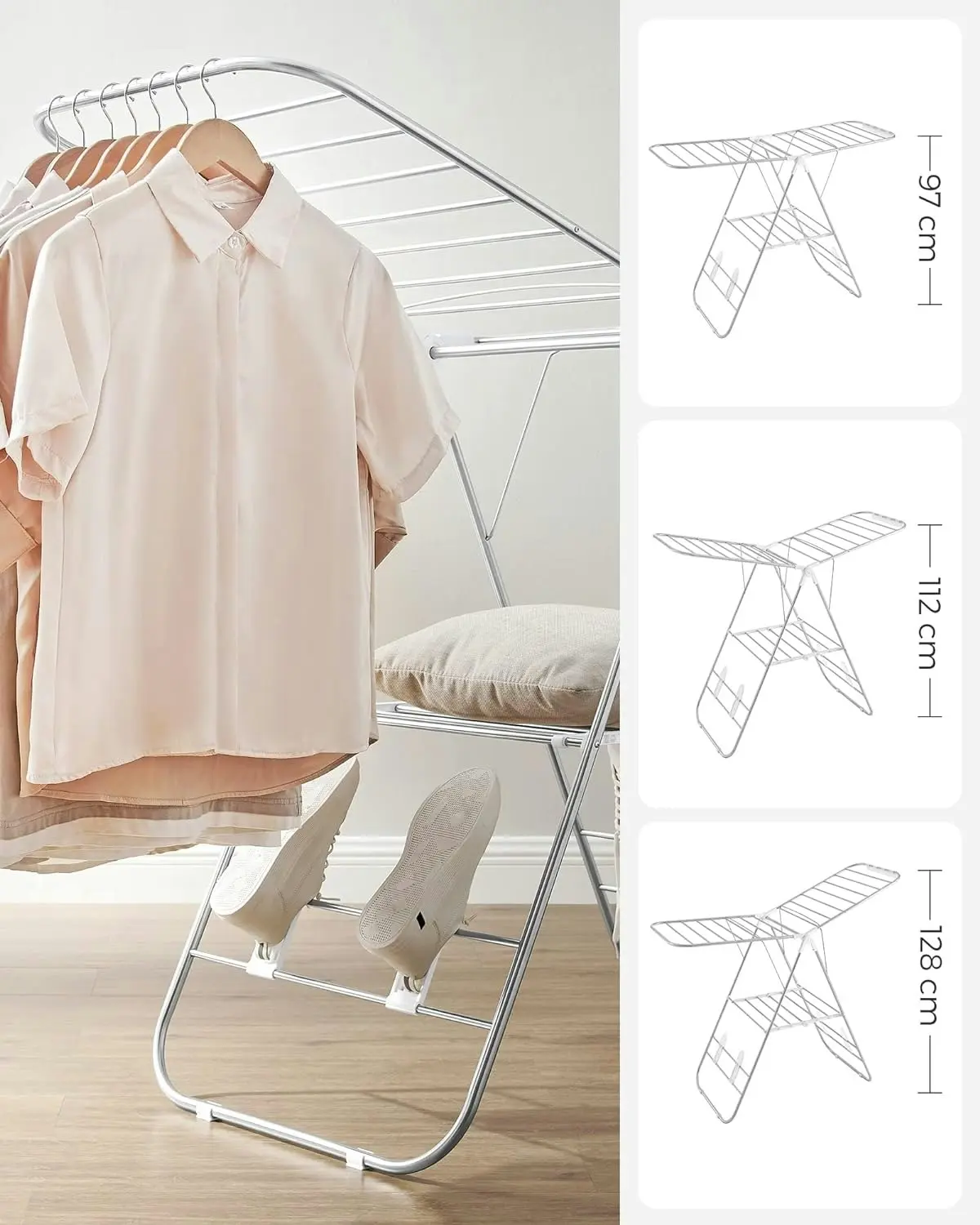 SONGMICS Foldable Clothes Drying Rack Clothes Airer with Height-Adjustable Wings