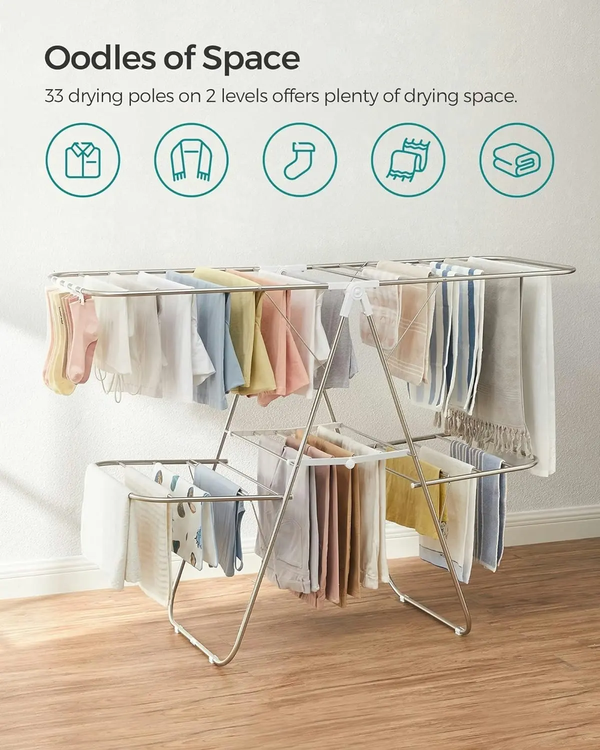 SONGMICS Clothes Drying Rack Foldable 2-Level Laundry Drying Rack Silver White