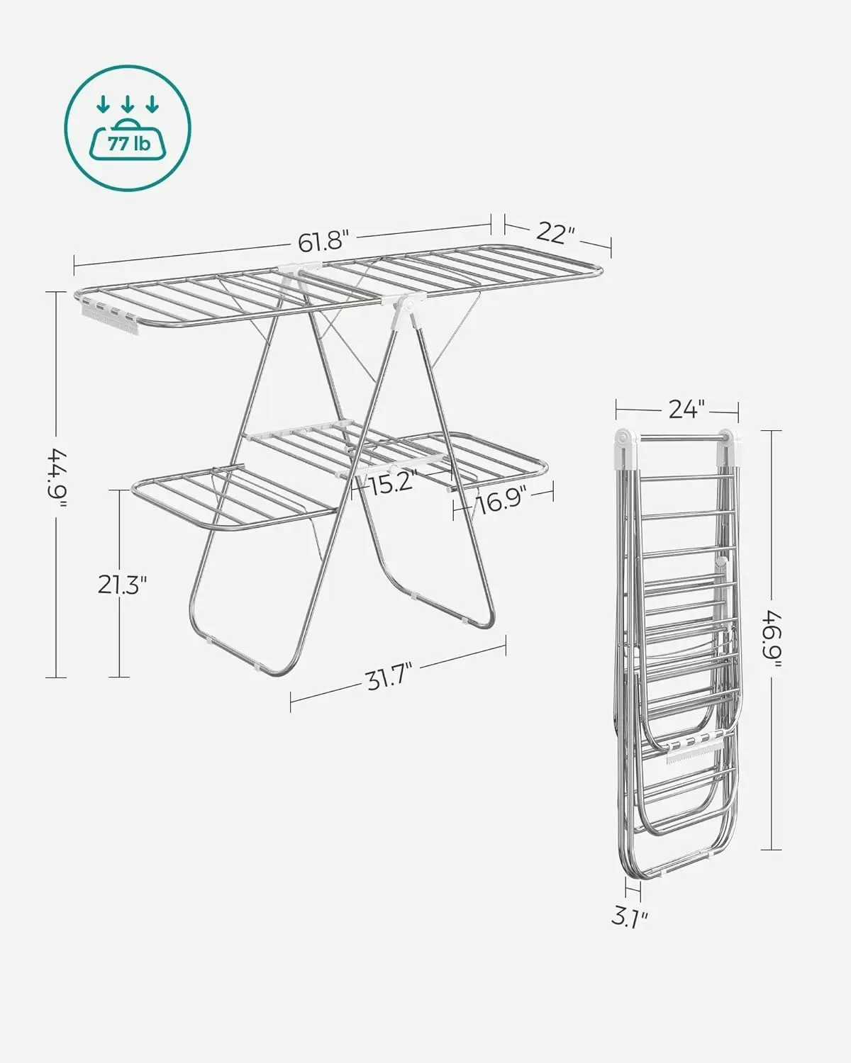 SONGMICS Clothes Drying Rack Foldable 2-Level Laundry Drying Rack Silver White