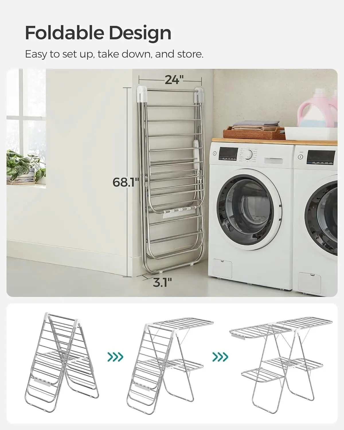 SONGMICS Clothes Drying Rack Foldable 2-Level Laundry Drying Rack Silver White