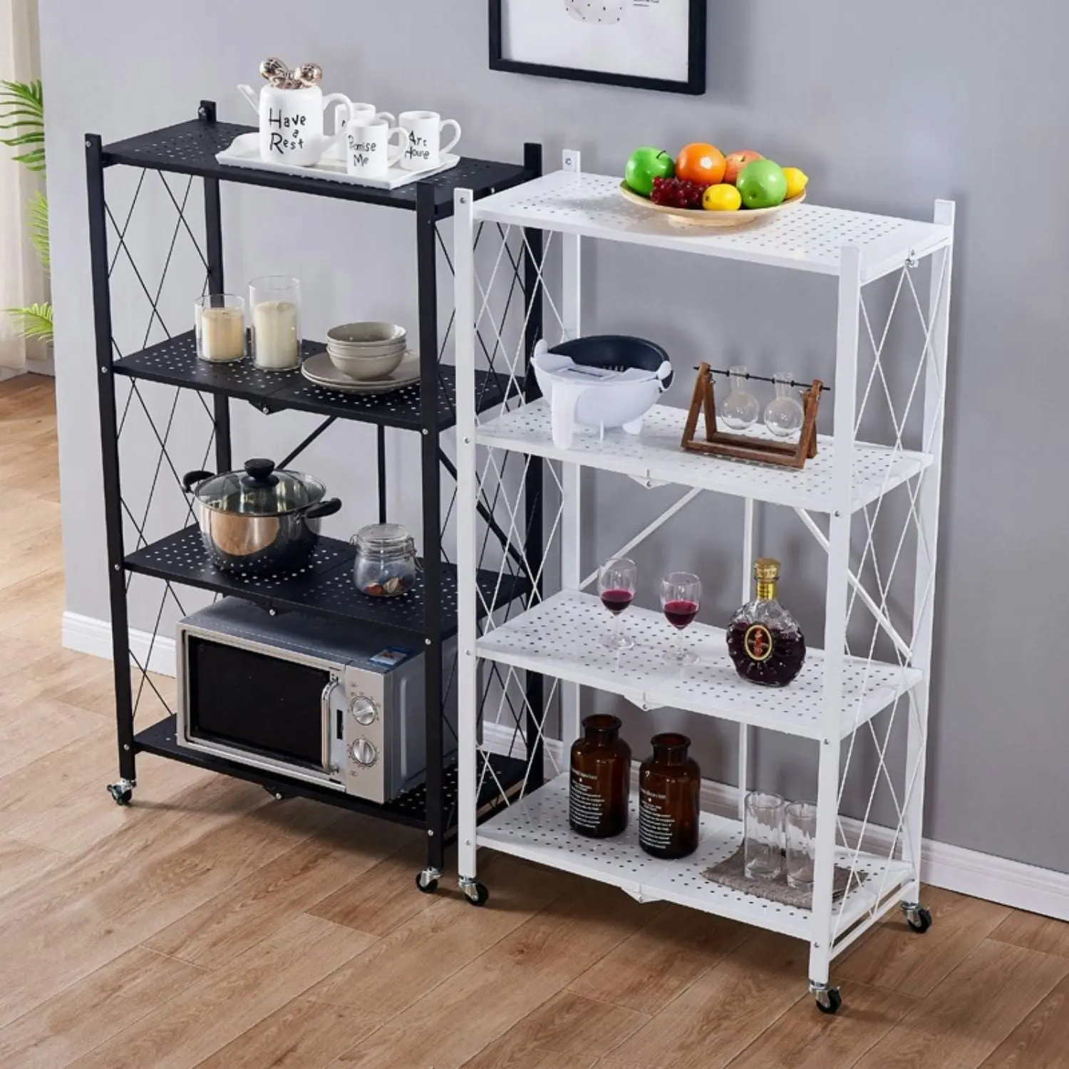 Ekkio 4 Tier Foldable Storage Shelf Display Rack Bookshelf Shelves Wheel Collapsible White