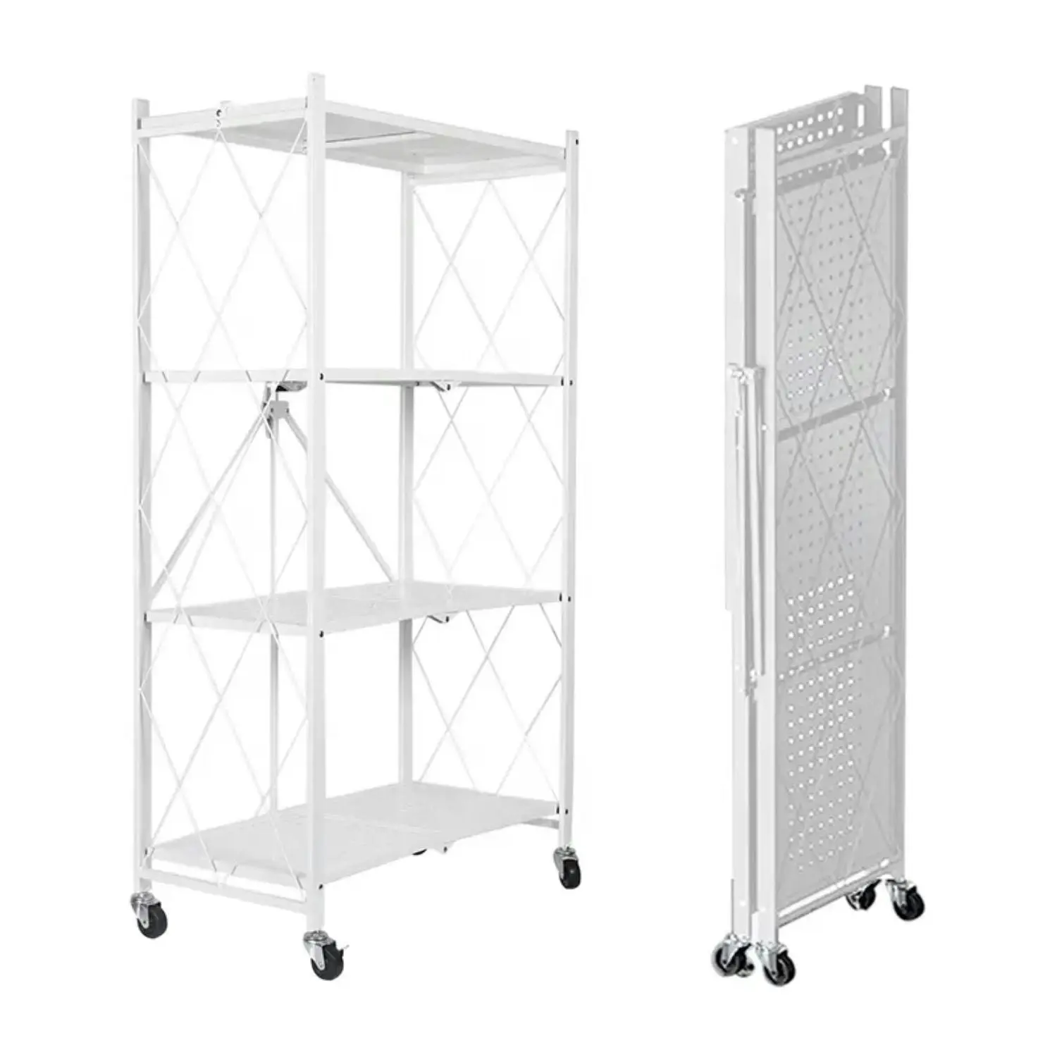 Ekkio 4 Tier Foldable Storage Shelf Display Rack Bookshelf Shelves Wheel Collapsible White