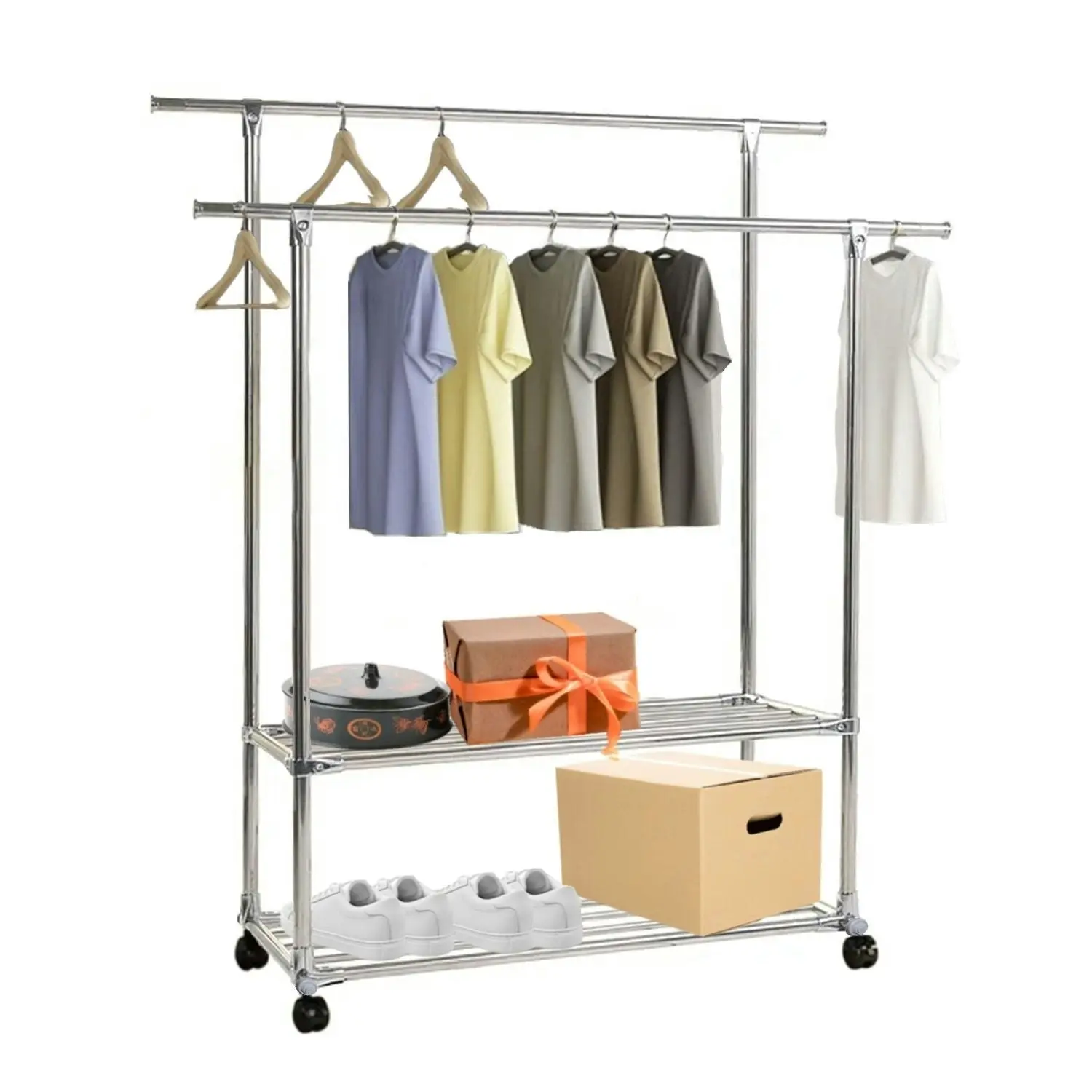 Ekkio Clothes Rack Coat Stand Adjustable Hanger Double Rail Wheels