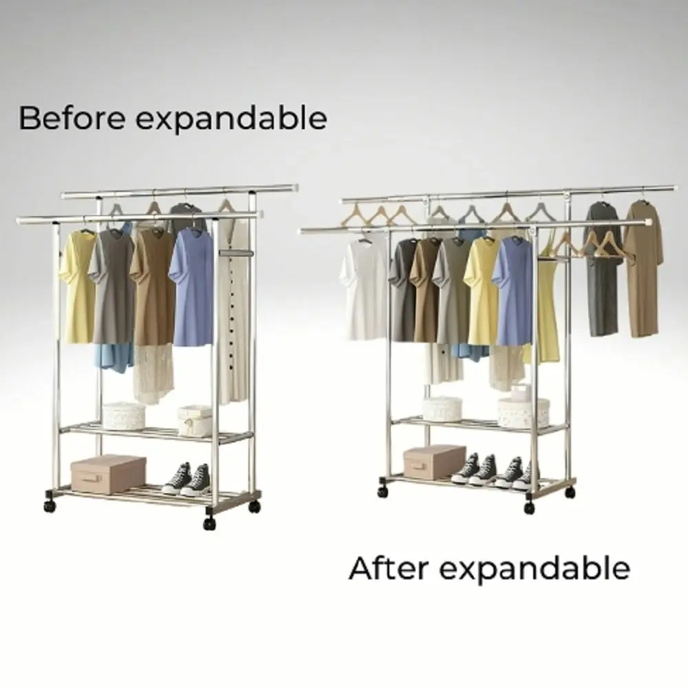 Ekkio Clothes Rack Coat Stand Adjustable Hanger Double Rail Wheels