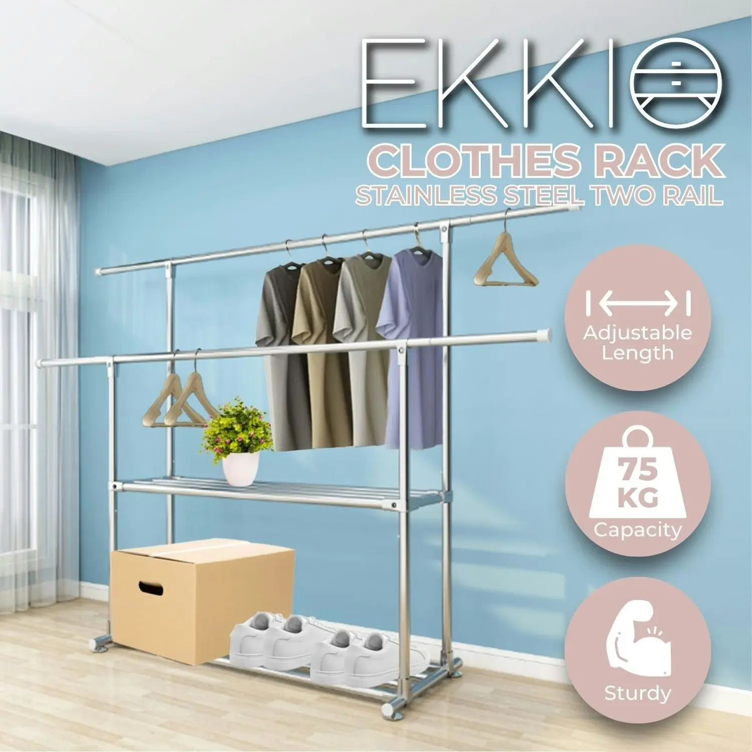 Ekkio Clothes Rack Coat Stand Adjustable Hanger Double Rail Wheels