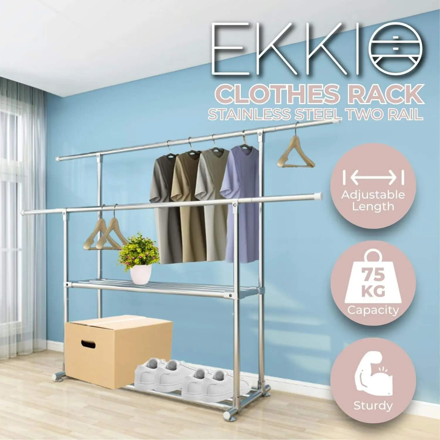 Ekkio Clothes Rack Coat Stand Adjustable Hanger Double Rail Wheels