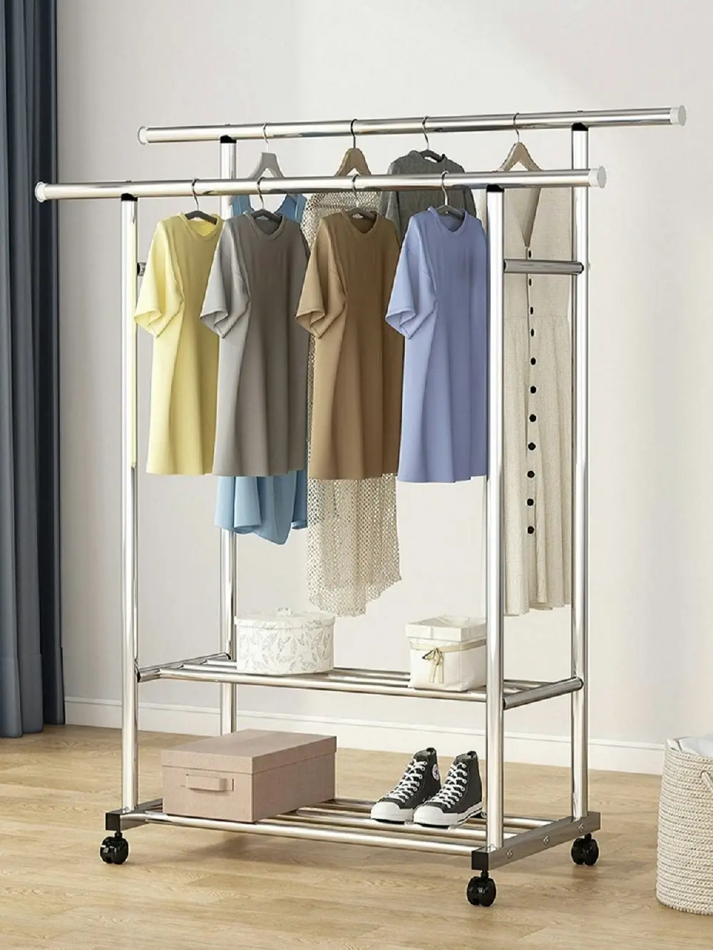 Ekkio Clothes Rack Coat Stand Adjustable Hanger Double Rail Wheels