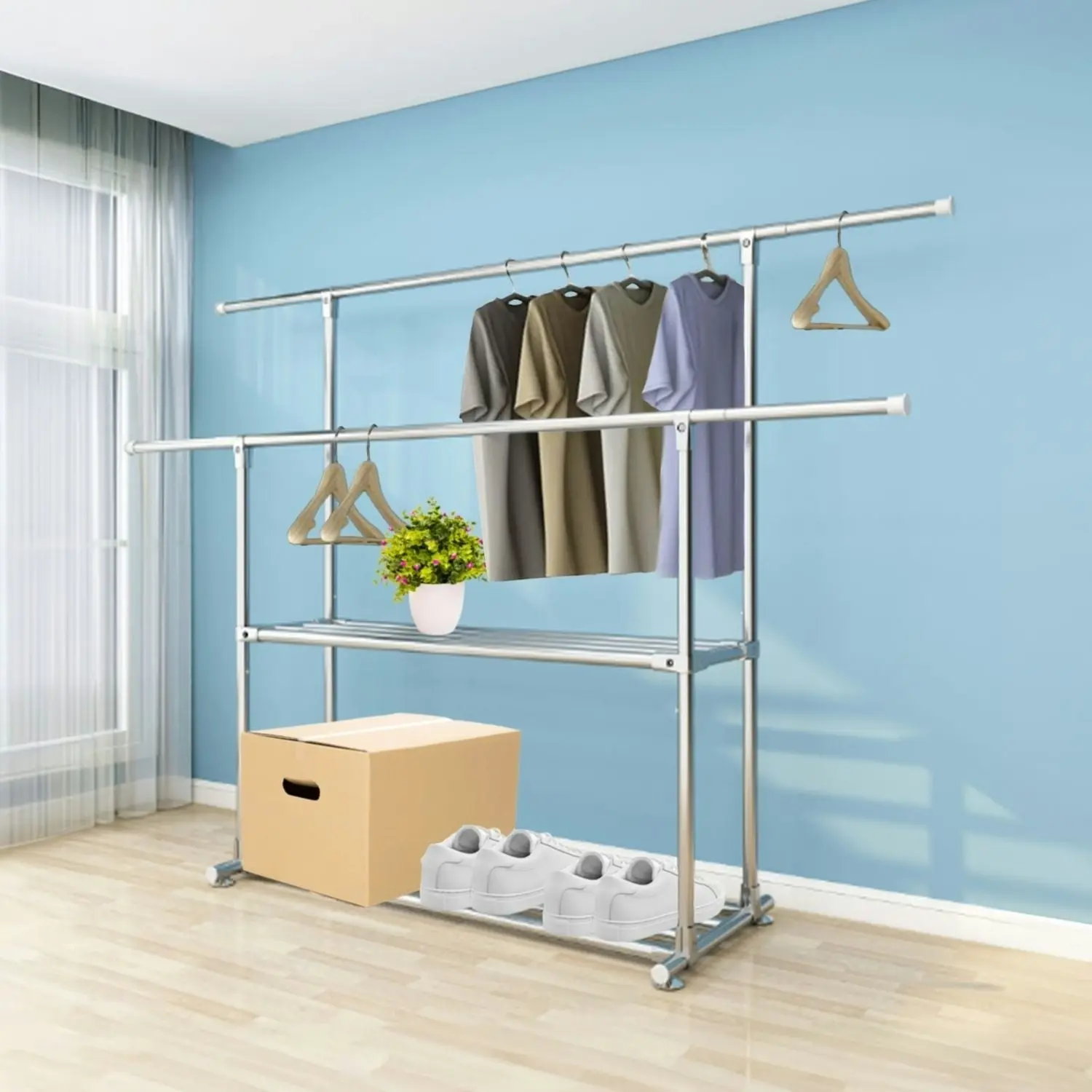 Ekkio Clothes Rack Coat Stand Adjustable Hanger Double Rail Wheels