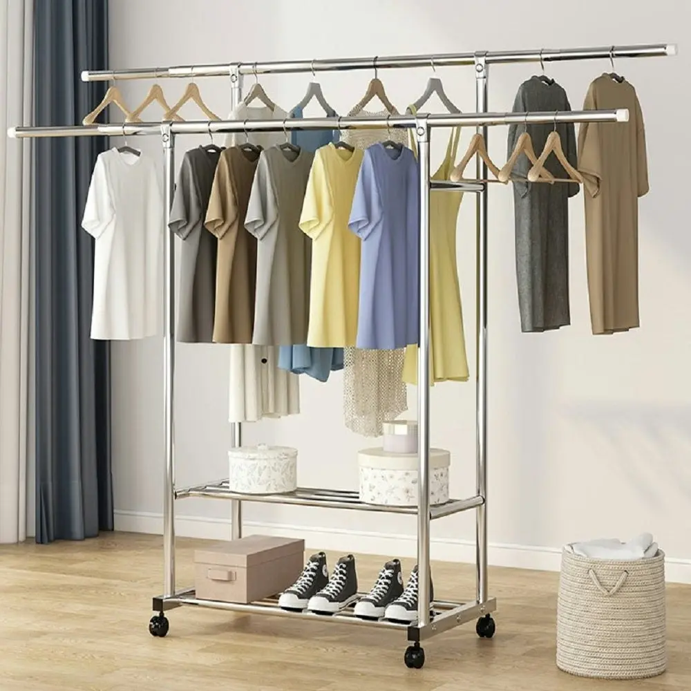 Ekkio Clothes Rack Coat Stand Adjustable Hanger Double Rail Wheels