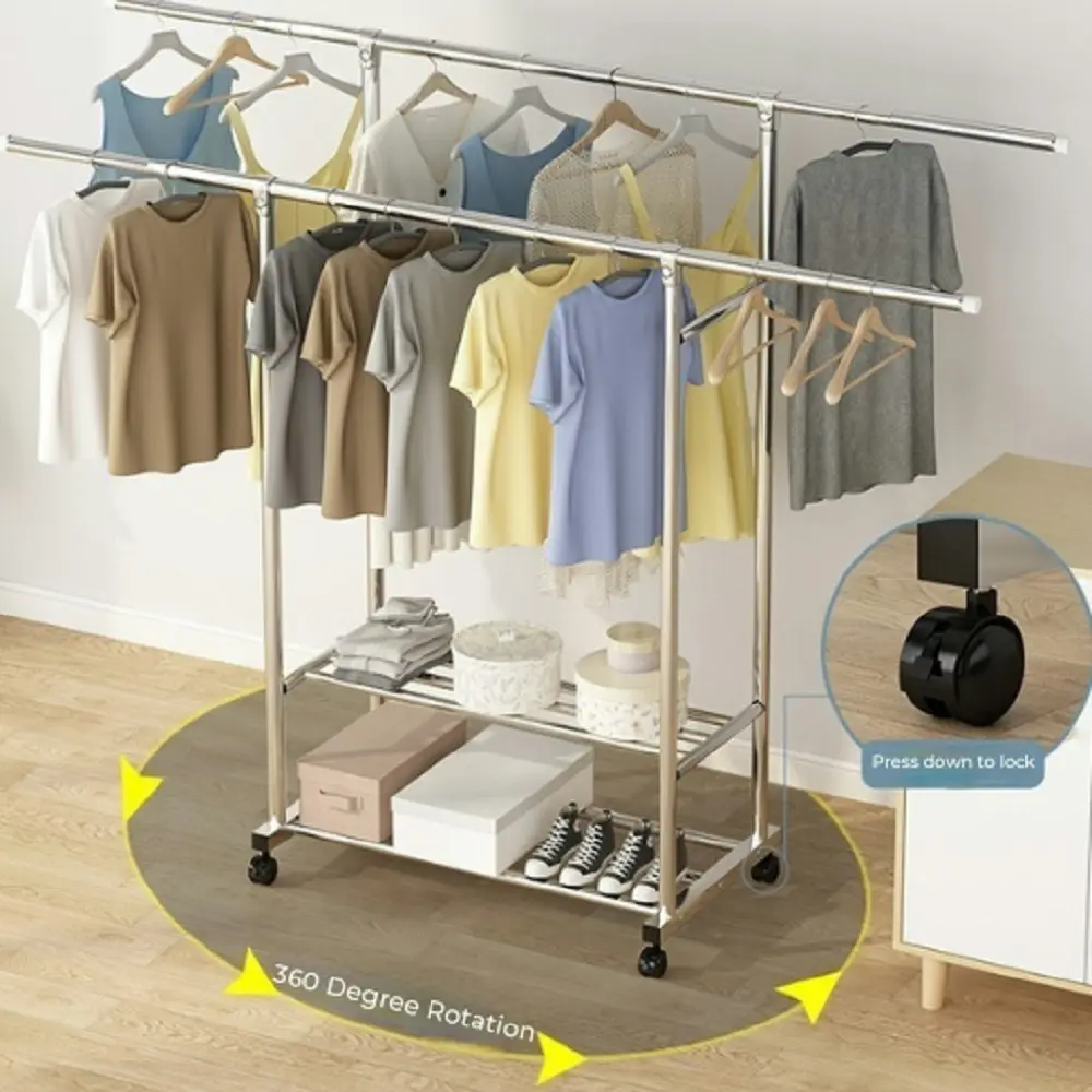 Ekkio Clothes Rack Coat Stand Adjustable Hanger Double Rail Wheels