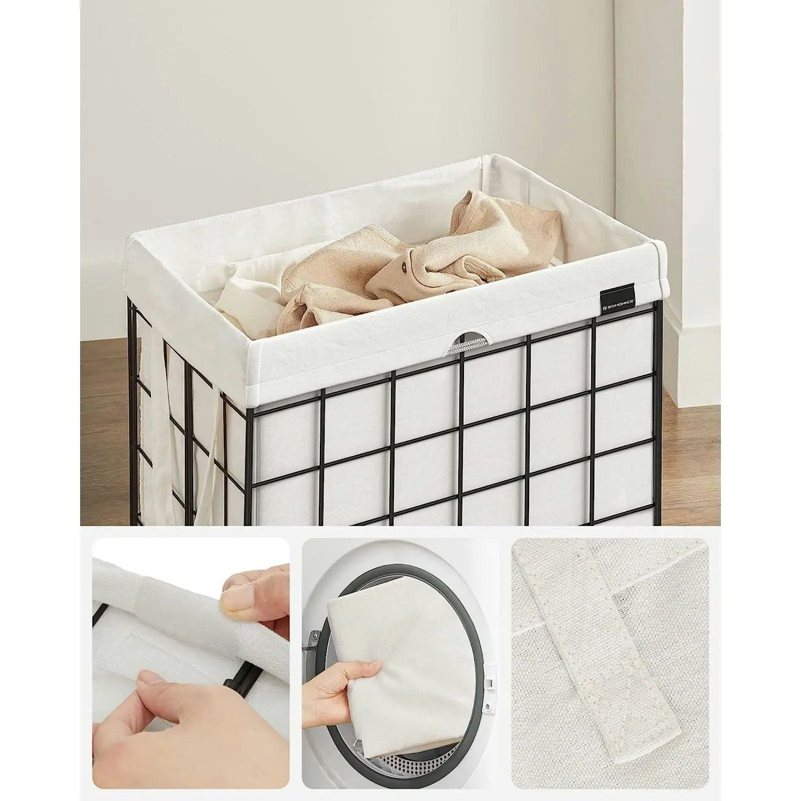 SONGMICS 90L Clothes Washing Storage Bag Basket Bin Laundry Hamper - Black/White