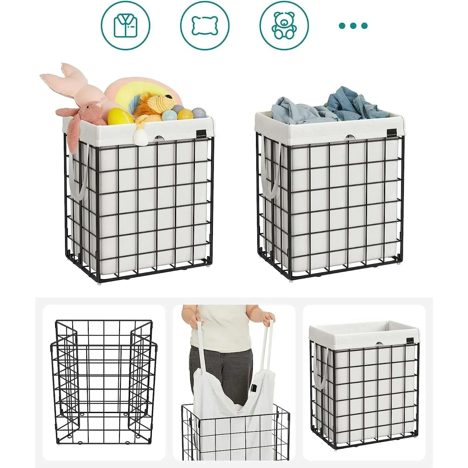 SONGMICS 90L Clothes Washing Storage Bag Basket Bin Laundry Hamper - Black/White