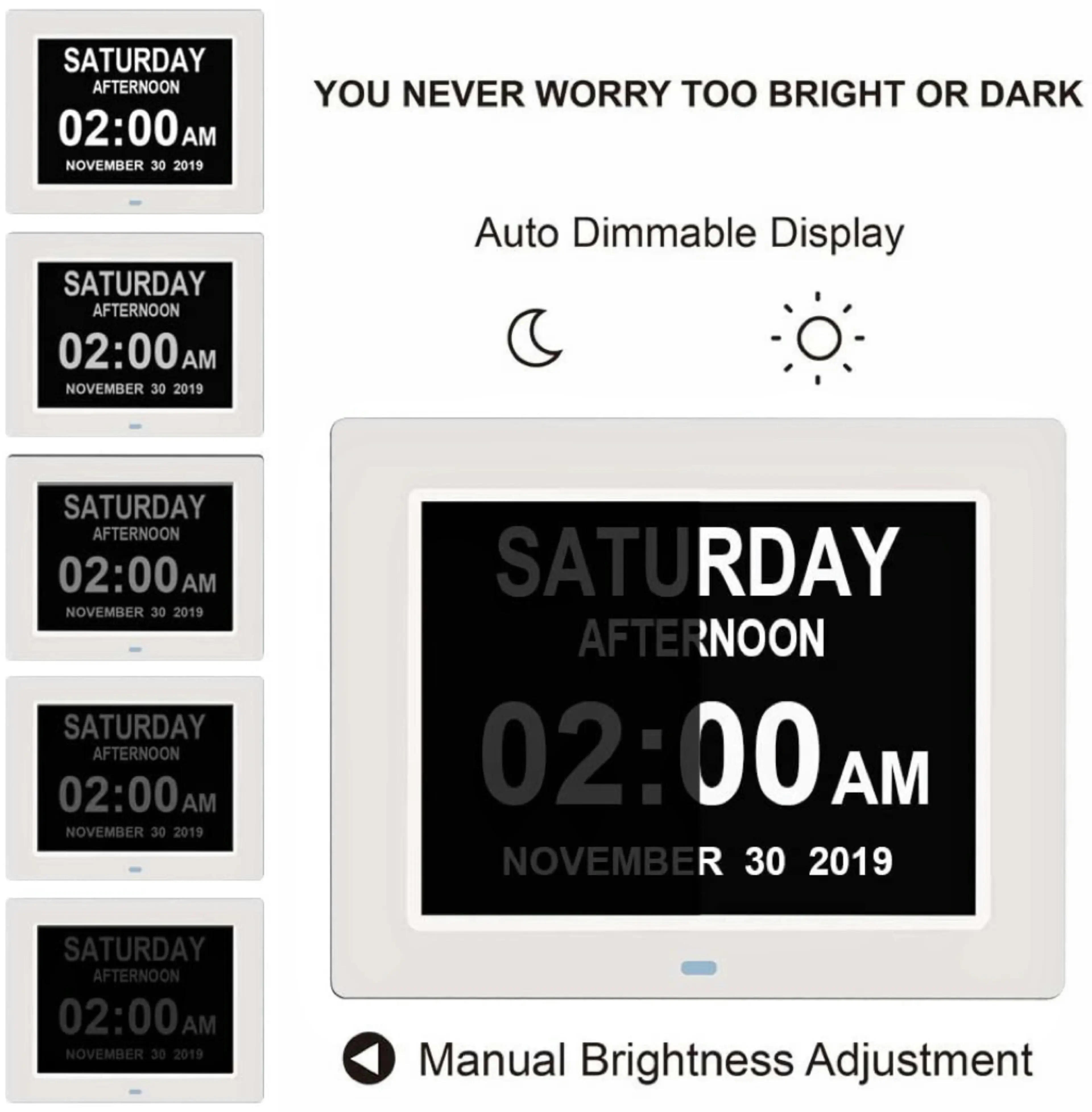 Gominimo Day Date Digital Calendar Lcd Screen Customizable Alarms Adjustable Display Dementia Clock - White