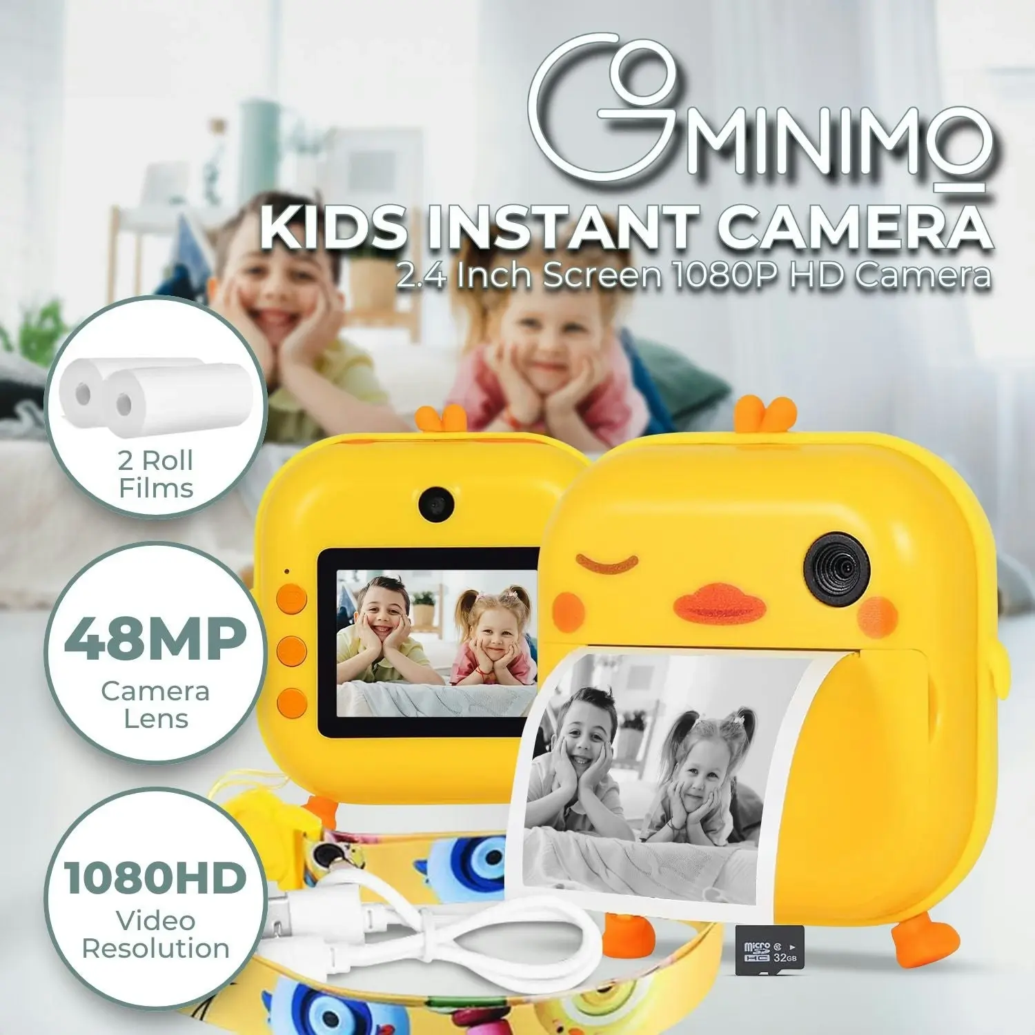 Gominimo Nes game MP3 32GB Micro SD 48MP 1080p Rear Selfie Time-Lapse Instant Camera