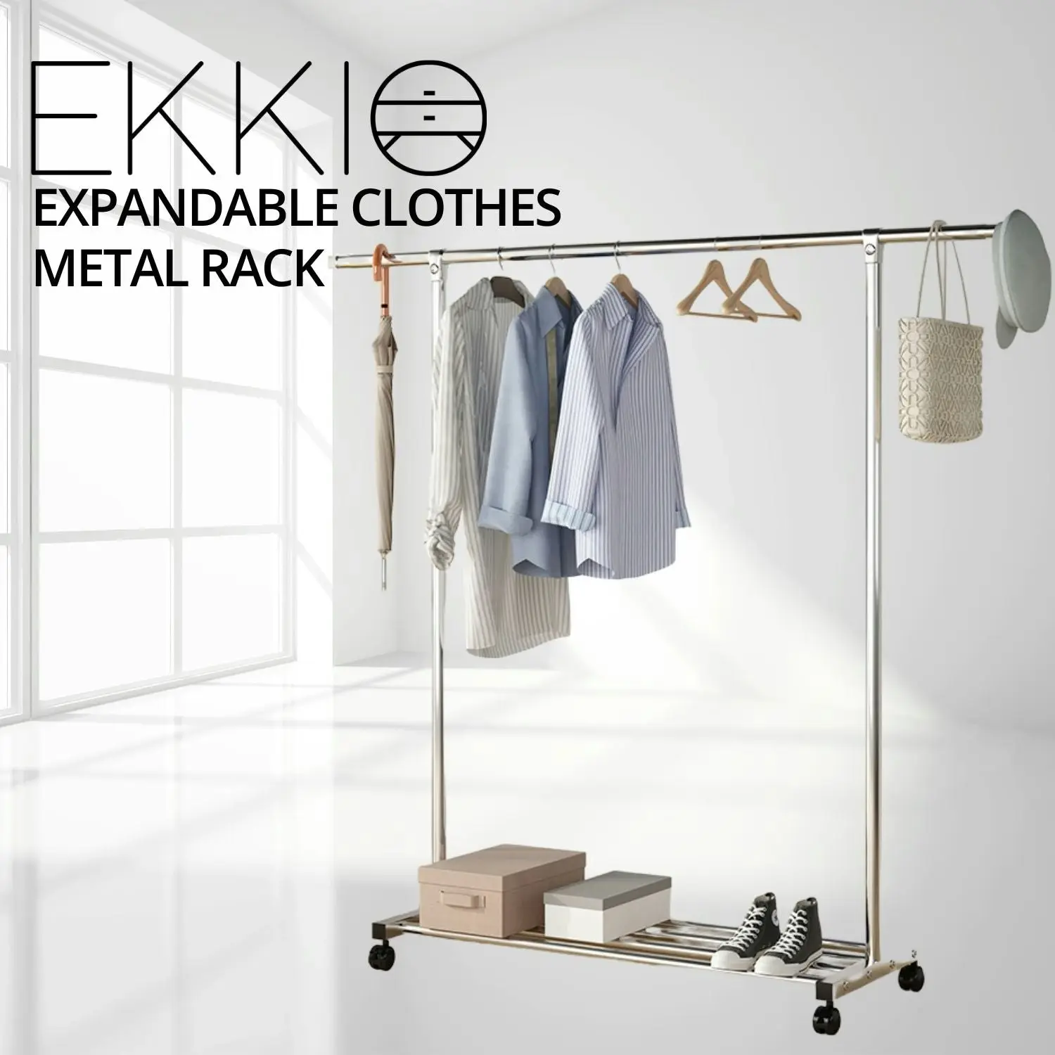 Ekkio Clothes Rack Coat Stand Adjustable Hanger Rail Wheels