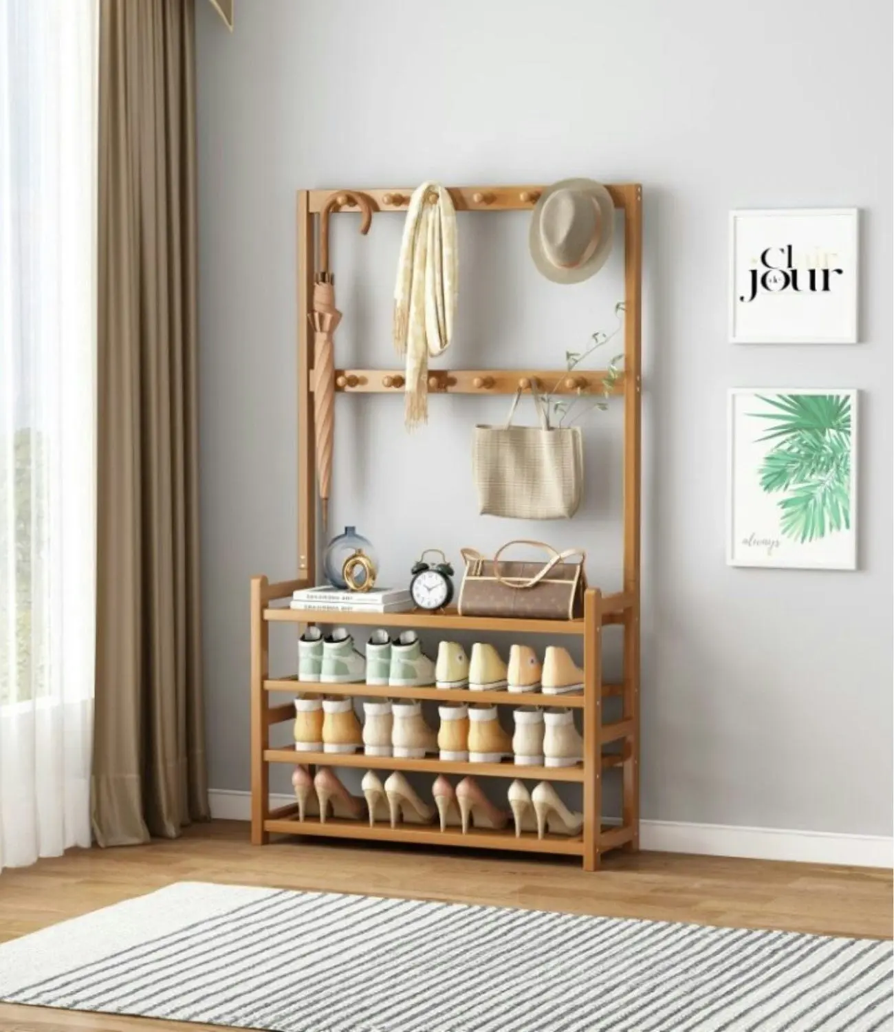 Gominimo Entryway Hall Bamboo Organiser Garment Clothes Rack with Shoe Storage - Natural