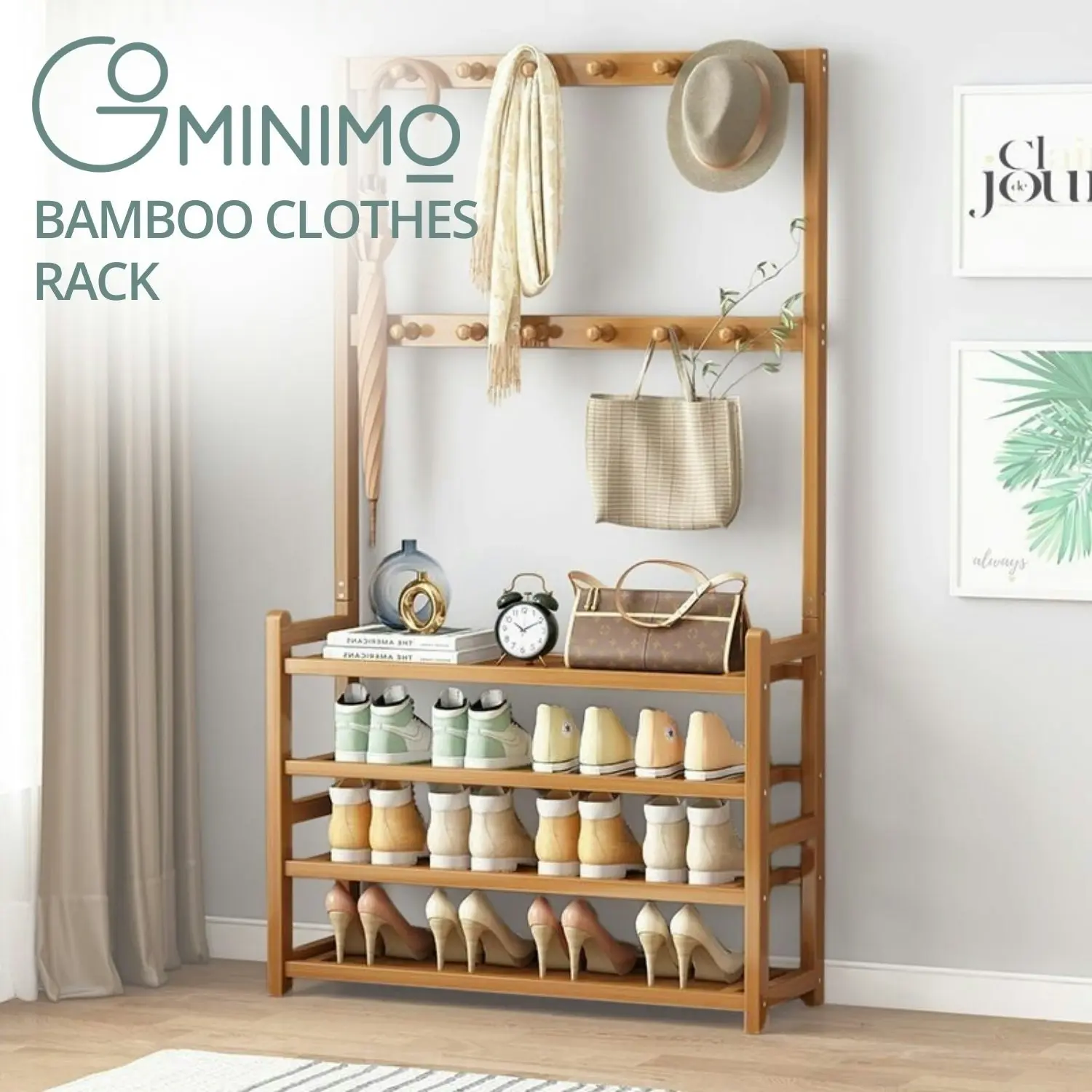 Gominimo Entryway Hall Bamboo Organiser Garment Clothes Rack with Shoe Storage - Natural