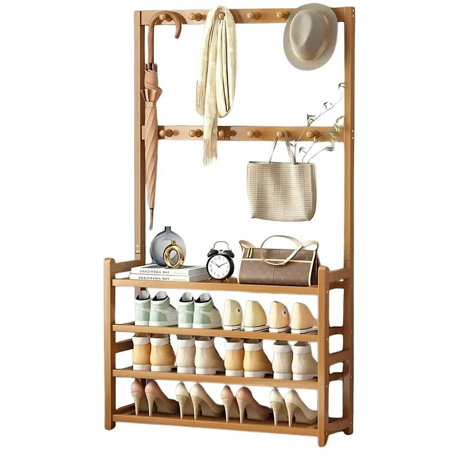 Gominimo Entryway Hall Bamboo Organiser Garment Clothes Rack with Shoe Storage - Natural