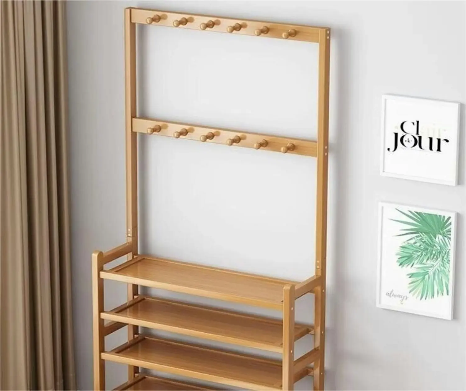 Gominimo Entryway Hall Bamboo Organiser Garment Clothes Rack with Shoe Storage - Natural