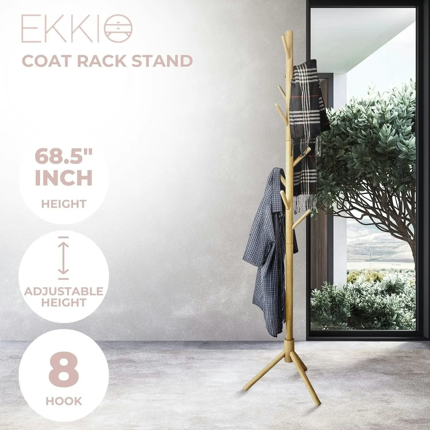 Ekkio 8 Hook Wood Coat Rack Stand (Wooden) EK-CRS-101-JS