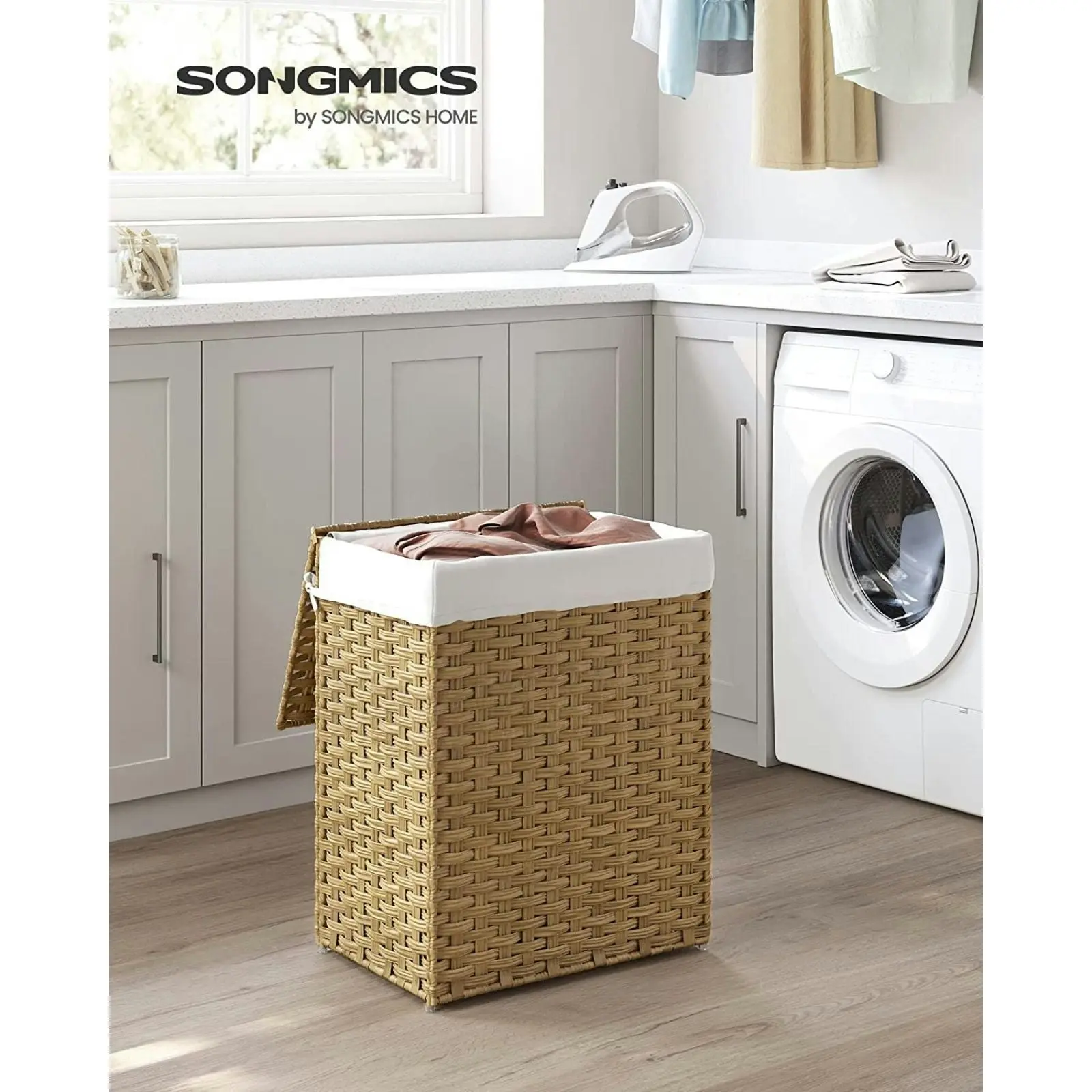 SONGMICS 90L Clothes Hamper Storage Synthetic Rattan Laundry Basket - Natural