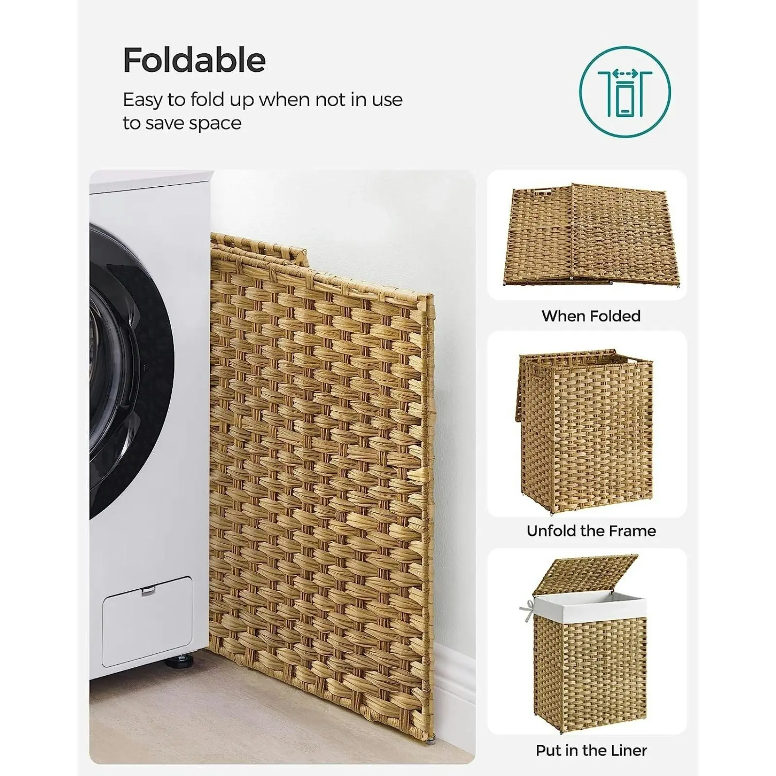 SONGMICS 90L Clothes Hamper Storage Synthetic Rattan Laundry Basket - Natural