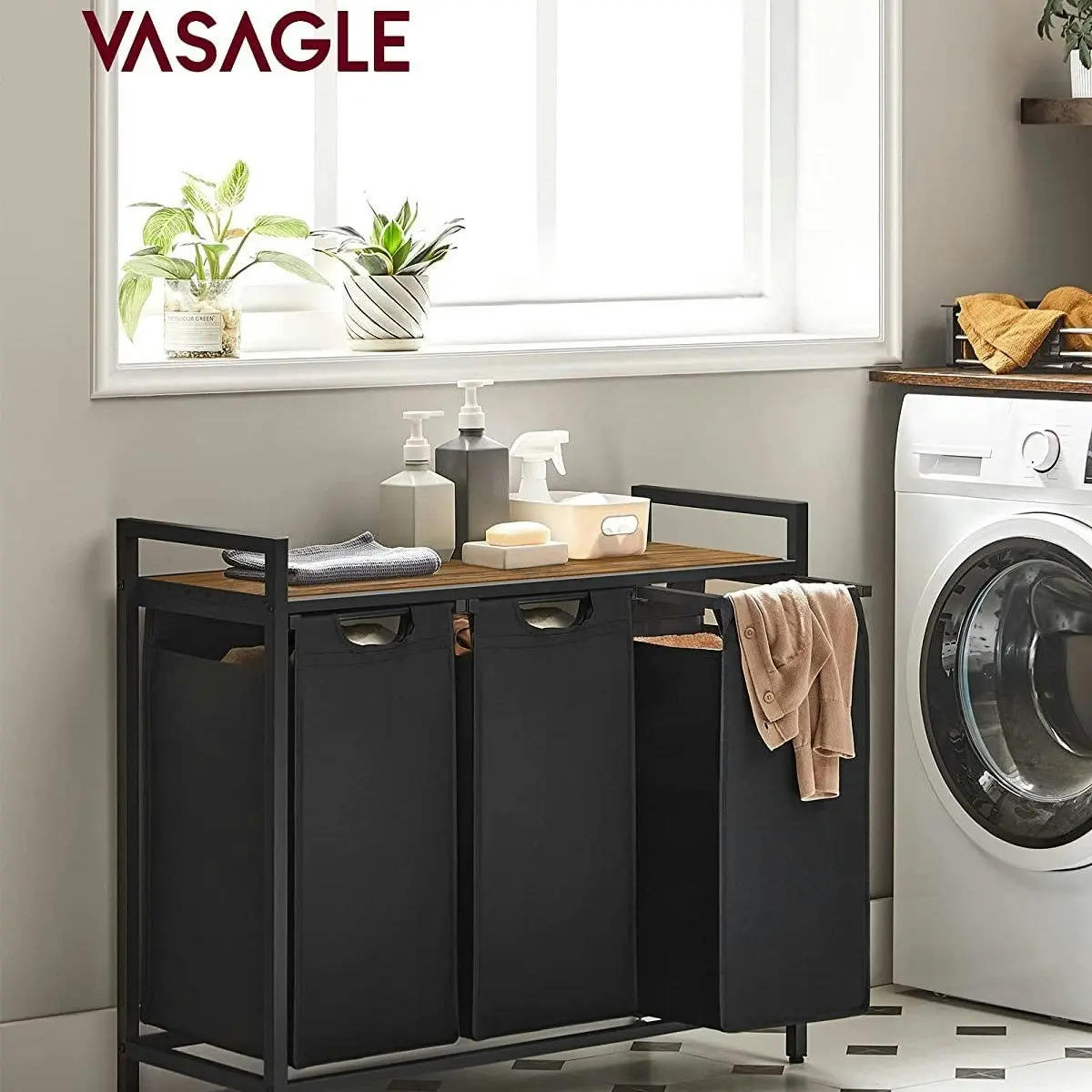 VASAGLE 3 Pull-Out and 38L Removable Bags Shelf Metal Frame Laundry Basket Hamper - Black