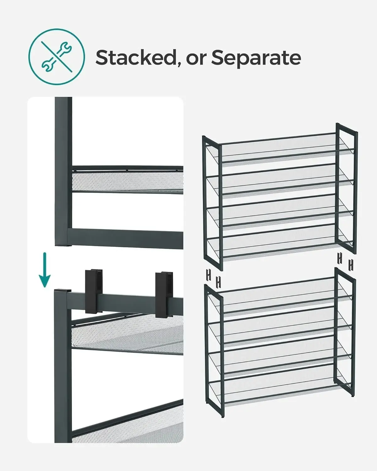 SONGMICS Adjustable Shoes Organiser Shelves Stand Shoe Rack 8 Tier - Grey