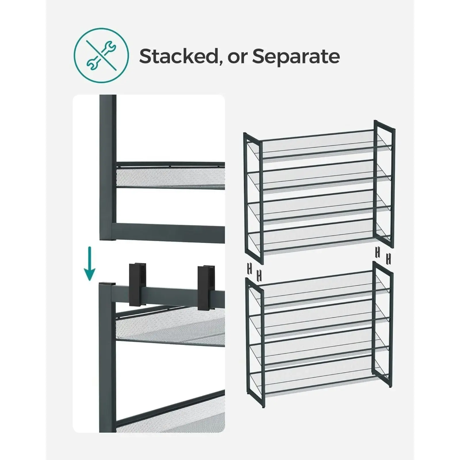 SONGMICS Adjustable Shoes Organiser Shelves Stand Shoe Rack 8 Tier - Grey