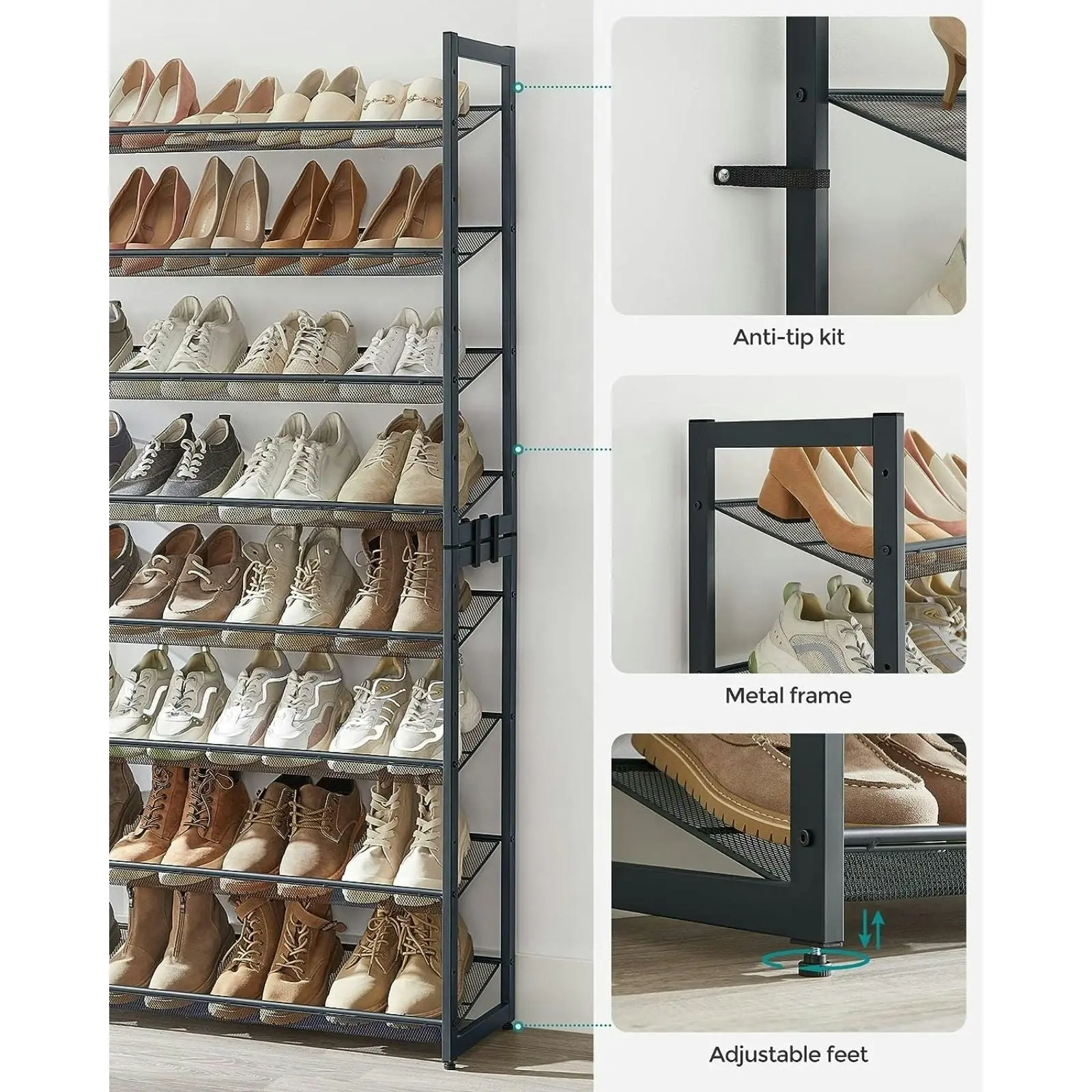 SONGMICS Adjustable Shoes Organiser Shelves Stand Shoe Rack 8 Tier - Grey