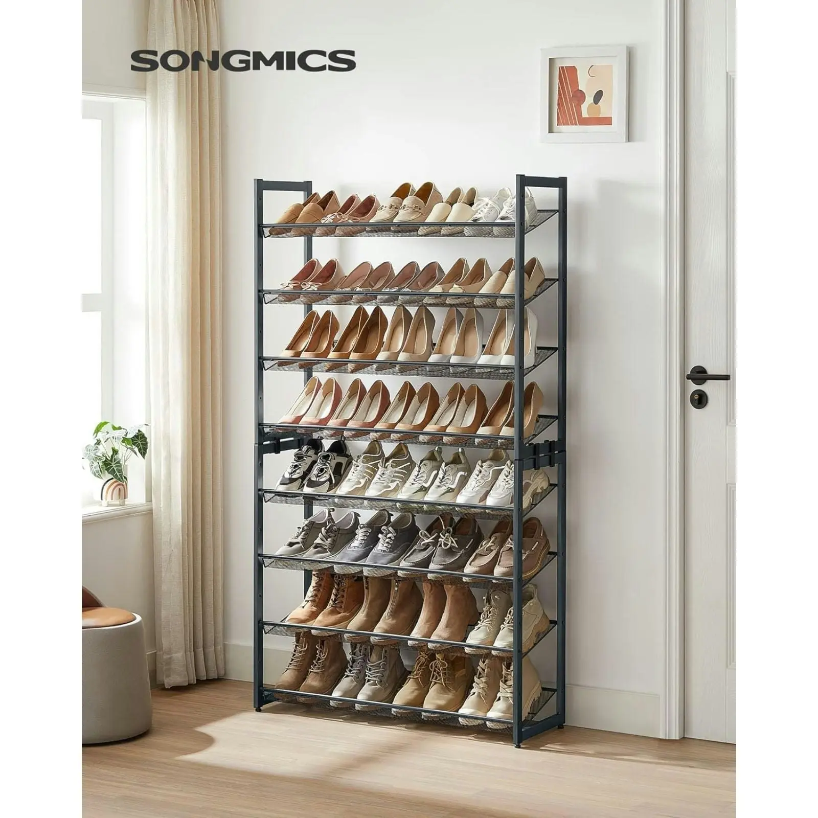 SONGMICS Adjustable Shoes Organiser Shelves Stand Shoe Rack 8 Tier - Grey