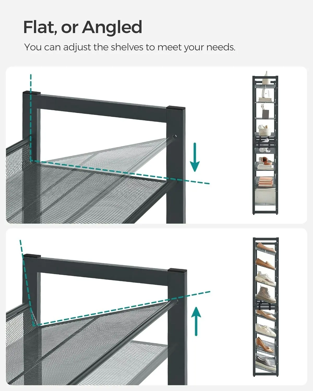 SONGMICS Adjustable Shoes Organiser Shelves Stand Shoe Rack 8 Tier - Grey