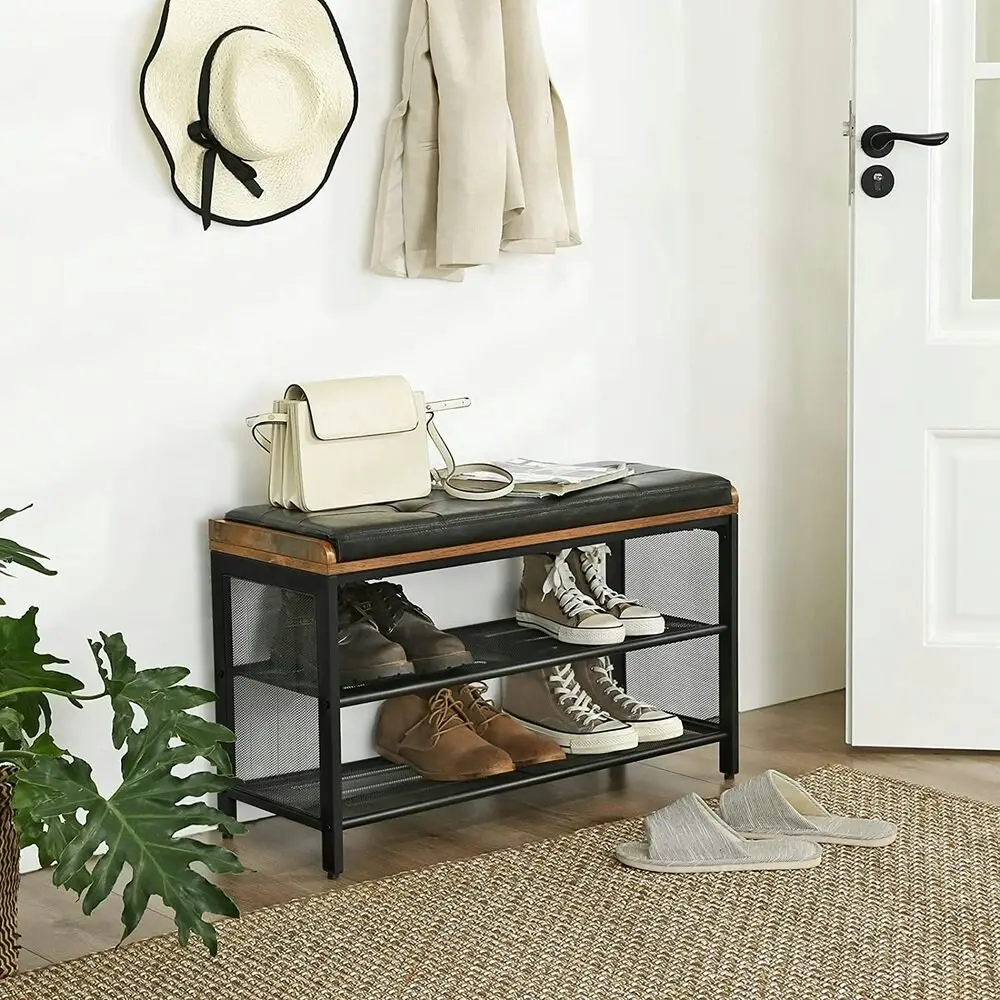 VASAGLE Padded Bench Storage Mesh Shelf ‎Shoe Rack - Rustic Brown