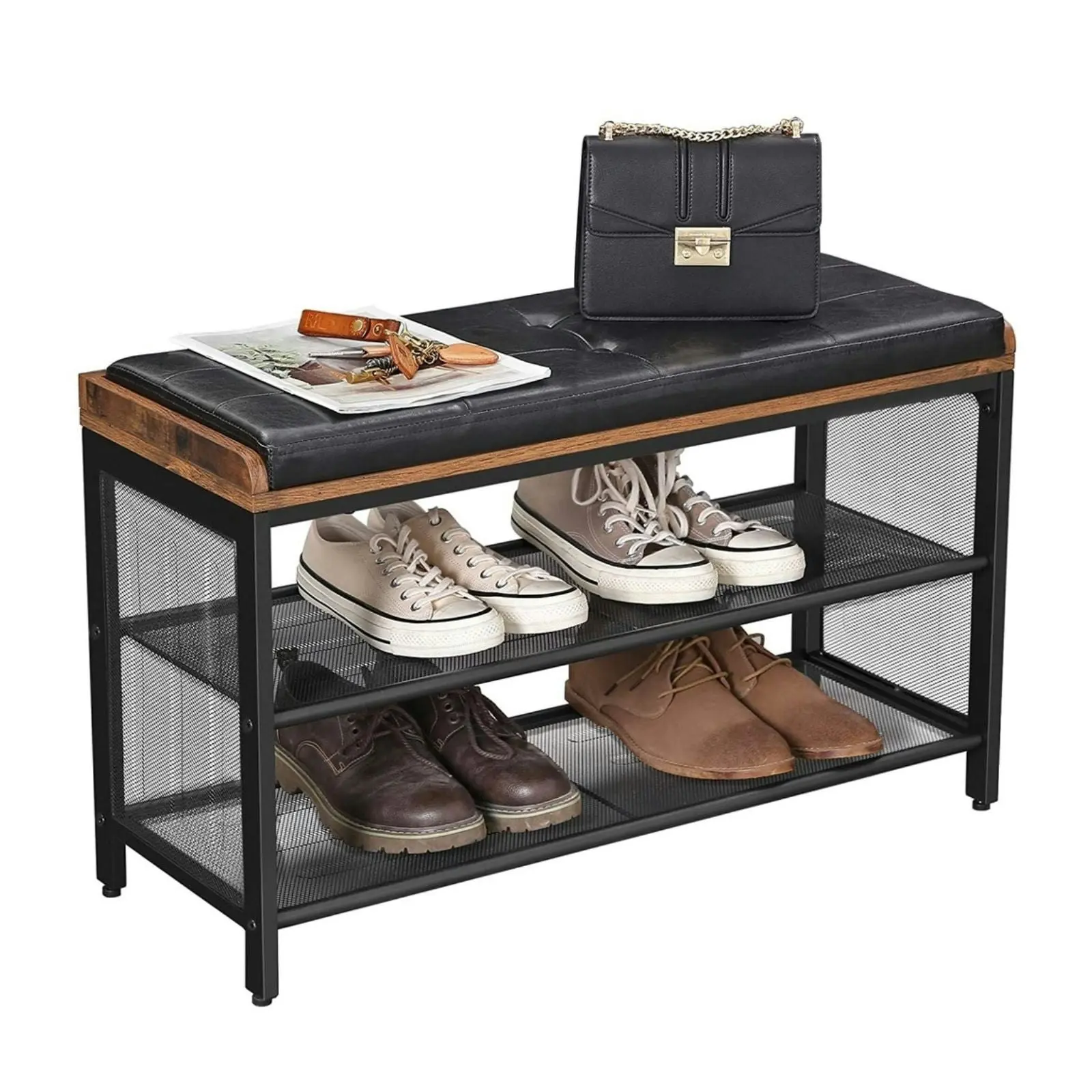 VASAGLE Padded Bench Storage Mesh Shelf ‎Shoe Rack - Rustic Brown