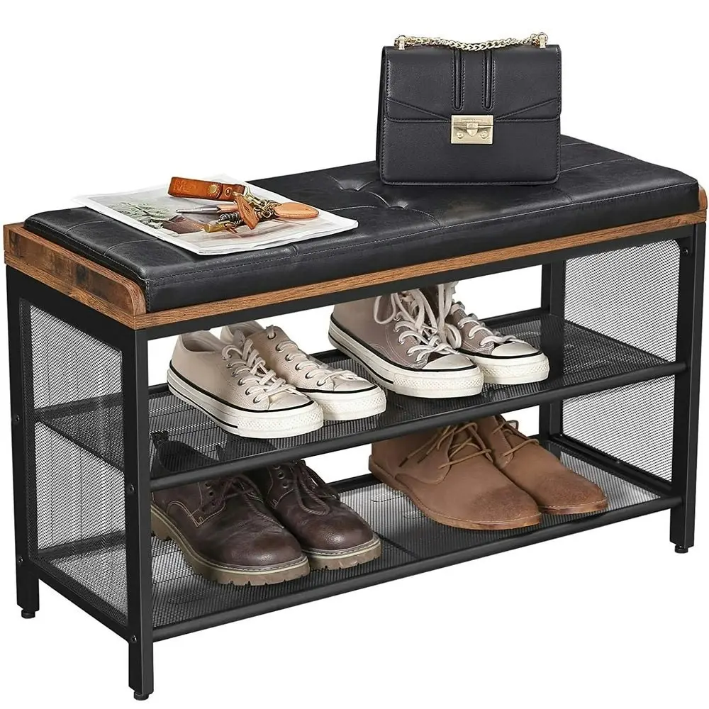 VASAGLE Padded Bench Storage Mesh Shelf ‎Shoe Rack - Rustic Brown