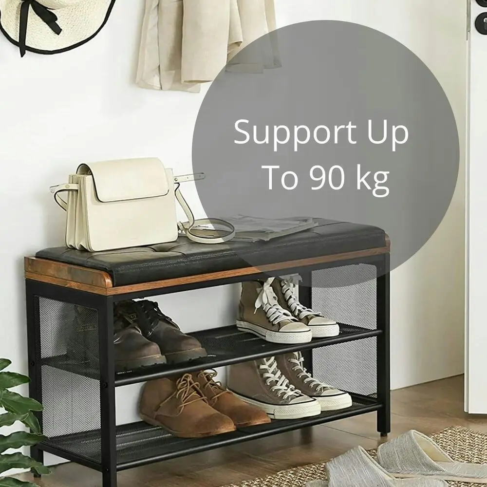 VASAGLE Padded Bench Storage Mesh Shelf ‎Shoe Rack - Rustic Brown