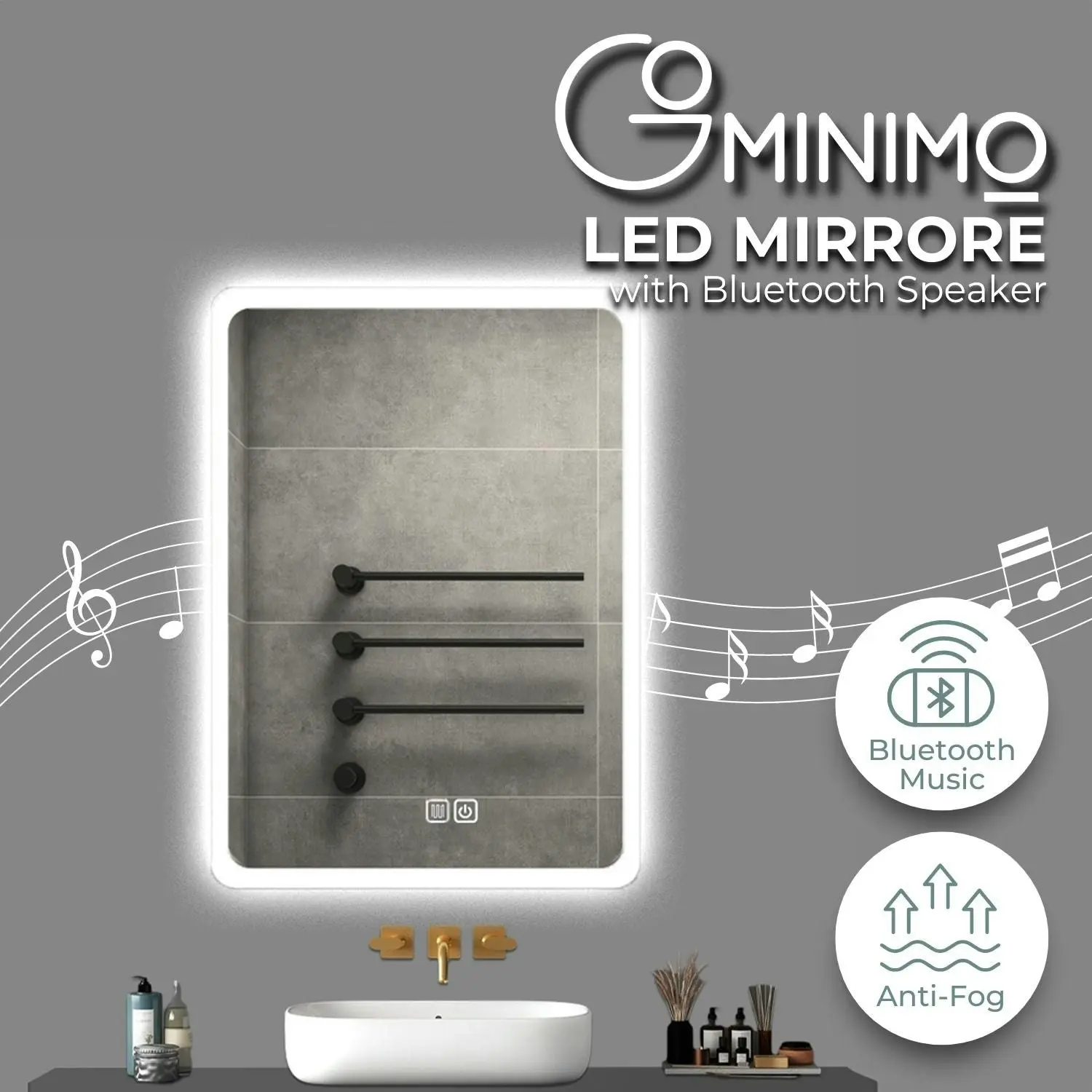 Gominimo LED Mirror 800mm Rectangle Copper-free Material IP44 waterproof LED